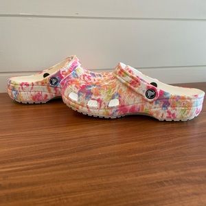 Women’s Crocs, size 7, pink, orange, and blue